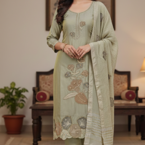 an elegant shimmer fabric with floral embroidery and handwork