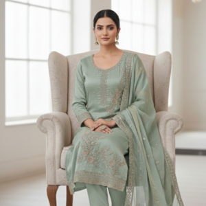 a beautiful embroidery design and shimmer fabric with gota patti hand work suit