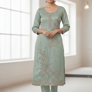 a beautiful embroidery design and shimmer fabric with gota patti hand work suit