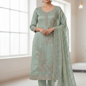 a beautiful embroidery design and shimmer fabric with gota patti hand work suit