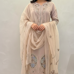 a beautiful viscose linen fabric embroidery and hand work with neck design hand work