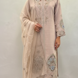 a beautiful viscose linen fabric embroidery and hand work with neck design hand work